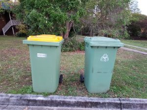 yellow top bin for recycling and green topped bin of general waste